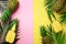 Pineapples, palm leaves on pastel colorful pink and yellow background with copy space. Creative summer concept. Flat lat