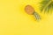 Pineapples and tropical palm leaves on yellow background. Top view, mockup, template, overhead. Summer concept. Creative