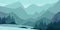 Pines and Mountain Peaks Covered with Snow Horizontal Landscape Vector Illustration