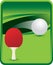 Ping pong paddle and ball on green background