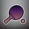 Ping pong paddle with ball. Vector. Violet gradient icon with bl