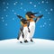 Pinguin icon. Snowing background. Vector graphic