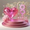 pink 8 march crystal and a glittery heart womens's day pink podium, ai generated