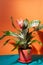 pink aechmea flower, indoor clay pot gardening, decorative flowerpot houseplant, love for plants concept, minimal macro