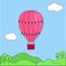 Pink aerostat with flags flies in the sky among the clouds above the hills and trees. Card with cartoon aerostatic