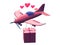 The pink airplane is carrying a great gift for the holiday. 3d illustration