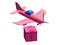 The pink airplane is carrying a great gift for the holiday. 3d illustration