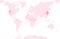 A pink airplane flying over a pink world map. Dashed route line in the form of word \\\