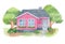 Pink american house watercolor drawing, isolated