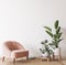 Pink armchair and green plants bright modern room on minimal empty background, wall mockup