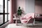 pink armchair in modern apartment, surrounded by sleek, minimalistic decor
