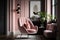pink armchair in modern apartment, surrounded by sleek, minimalistic decor