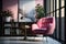 a pink armchair in a modern, sleek office setting