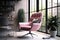 a pink armchair in a modern, sleek office setting