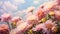 Pink asters growing in nature against a bright blue sky with small fluffy clouds. Close-up of pink flowering plants.