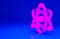Pink Atom icon isolated on blue background. Symbol of science, education, nuclear physics, scientific research