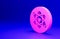 Pink Atom icon isolated on blue background. Symbol of science, education, nuclear physics, scientific research