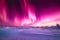 Pink aurora borealis, northern lights over ice and snow landscape