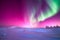 Pink aurora borealis, northern lights over ice and snow landscape