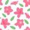 Pink azalea flowers or rhododendron seamless pattern background. Doodle springtime floral pattern background.