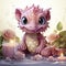 Pink baby dragon with big eyes, surrounded by glowing bubbles, lit candle, and budding roses on a serene night.