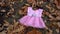 Pink baby dress lies on fallen yellow leaves