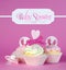 Pink baby girl cupcakes with greeting sample text in vintage sty