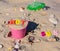 Pink baby iron bucket filled with wooden colorful letters