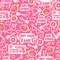 Pink background with fashion elements. Seamless pattern with strawberry, kiss, lips, donuts, arrow, hearts, gun, food, sunglasses.