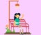 pink background. flat design. a woman in pink sits in a chair waving and is happy