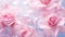 Pink background of frozen roses in ice, concept of cryotherapy for skin care. Elegant pink flowers in ice. Delicate