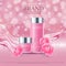 Pink background with realistic vector moisturizing cosmetic cleansing premium products. Premium VIP cosmetic ads