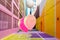 Pink balloons in Alley Oop, a colorful alley in Vancouver BC Canada