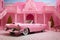 Pink barbie cabriolet car in front of the pink barbie house