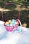 Pink baskets filled with Easter eggs