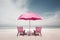 Pink beach surreal umbrella. Generate Ai