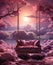 pink bed and swing hanging on clouds in stunning optical illusion style
