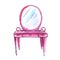 Pink bedroom furniture. Dressing table. Hand-drawn watercolor illustration. Isolated on white background