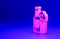 Pink Beer bottle and glass icon isolated on blue background. Alcohol Drink symbol. Minimalism concept. 3D render