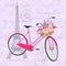 Pink bicycle with a basket full of flowers. Vintage postcard background with eiffel tower. Vector illustration