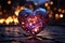 A pink big diamond heart shining standing on a gray brick pavement. Bokeh lights on a dark base in the background. Copy