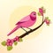 A pink bird sits on a branch of a cherry blossom