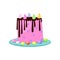 Pink birthday cake with chocolate top and cream decor on white background