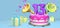 Pink birthday cake with thick purple number 13 surrounded by gift boxes with horns ejecting confetti on pastel blue background. 3D