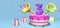 Pink birthday cake with thick purple number 3 surrounded by gift boxes with horns ejecting confetti on pastel blue background. 3D