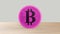 Pink bitcoin gold coin Isolated on wood wooden table. bit-coin 3d render isolated, cryptocurrency, crypto, business, managment,
