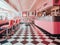 A pink and black checkered floor in a diner. AI generative image.