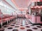 A pink and black diner with polka dot flooring. Generative AI image.