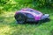 Pink and black robot lawn mower on the lawn
