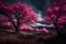 Pink blossom trees on barren land